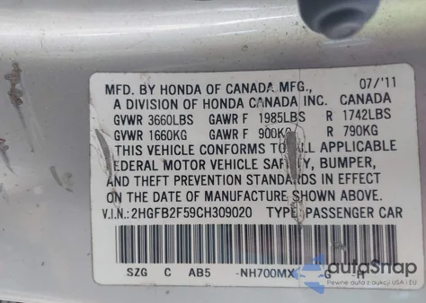 2012 Honda Civic Lx from USA, damaged, VIN 2HGFB2F59CH309020